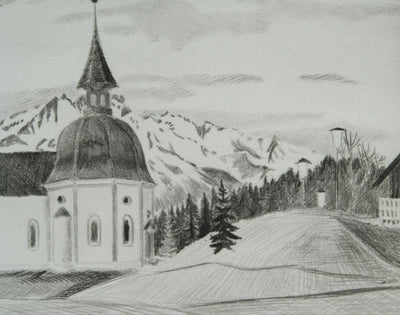 Camille COMBE : Seefeld, die Seekirche, Gravure originale signée