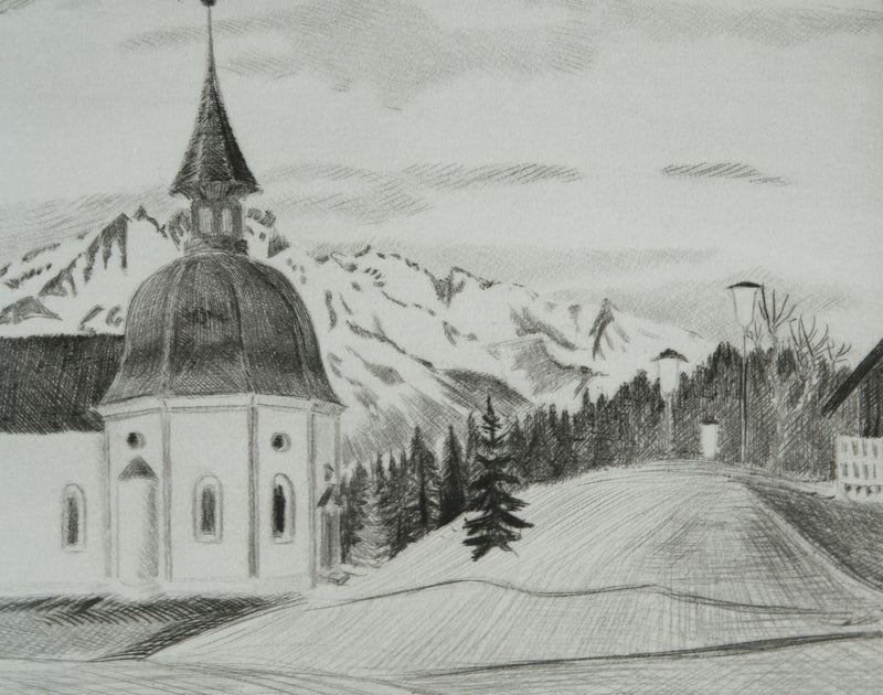 Camille COMBE : Seefeld, die Seekirche, Gravure originale signée