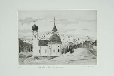 Camille COMBE : Seefeld, die Seekirche, Gravure originale signée
