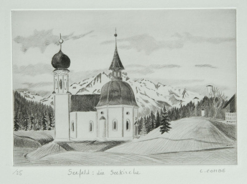 Camille COMBE : Seefeld, die Seekirche, Gravure originale signée