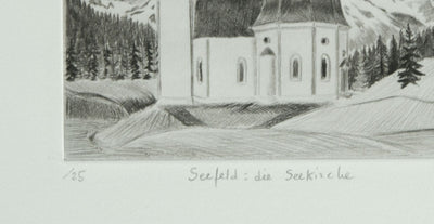 Camille COMBE : Seefeld, die Seekirche, Gravure originale signée