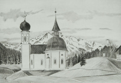 Camille COMBE : Seefeld, die Seekirche, Gravure originale signée