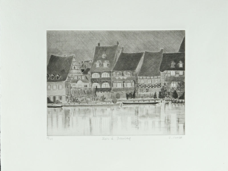 Camille COMBE : Allemagne, Soir à Bamberg, Gravure originale signée