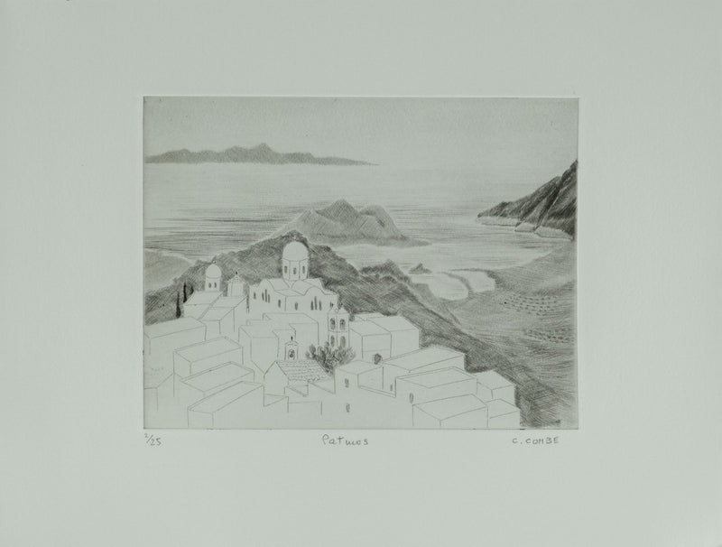 Camille COMBE : Grèce, Patmos, Gravure originale signée