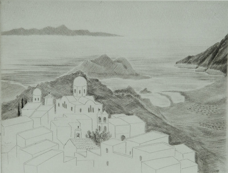 Camille COMBE : Grèce, Patmos, Gravure originale signée