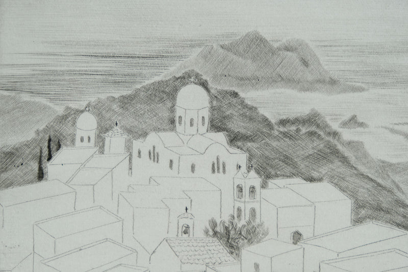 Camille COMBE : Grèce, Patmos, Gravure originale signée