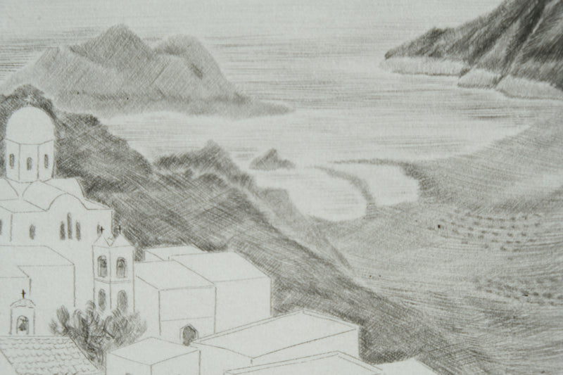 Camille COMBE : Grèce, Patmos, Gravure originale signée