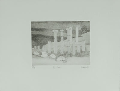 Camille COMBE : Grèce antique, Ephèse, Gravure originale signée