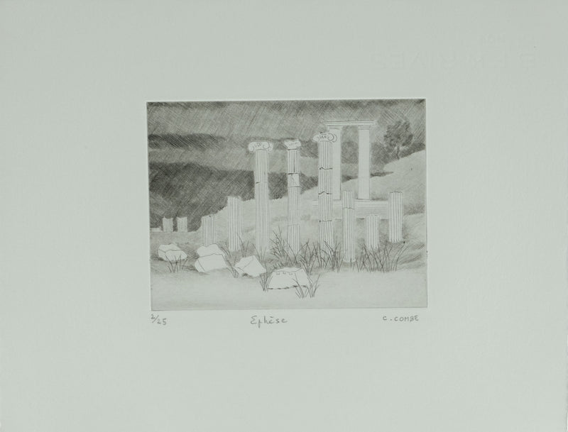 Camille COMBE : Grèce antique, Ephèse, Gravure originale signée