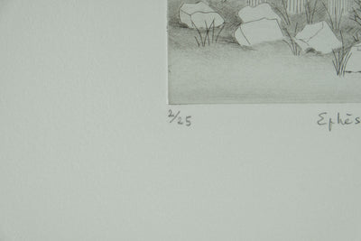 Camille COMBE : Grèce antique, Ephèse, Gravure originale signée