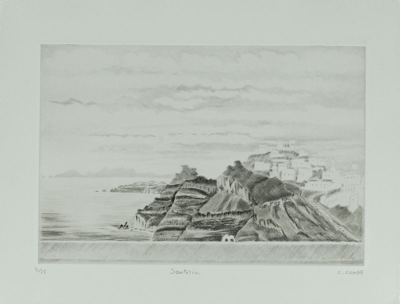 Camille COMBE : Santorin sous les nuages, Gravure originale signée
