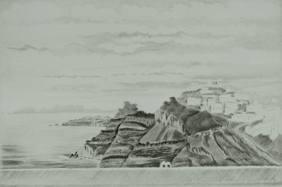 Camille COMBE : Santorin sous les nuages, Gravure originale signée