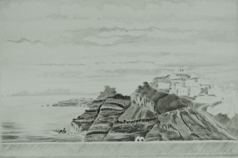 Camille COMBE : Santorin sous les nuages, Gravure originale signée