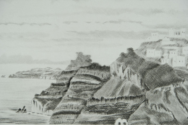 Camille COMBE : Santorin sous les nuages, Gravure originale signée