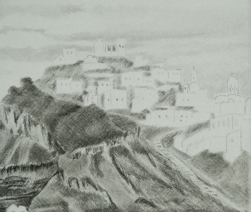 Camille COMBE : Santorin sous les nuages, Gravure originale signée