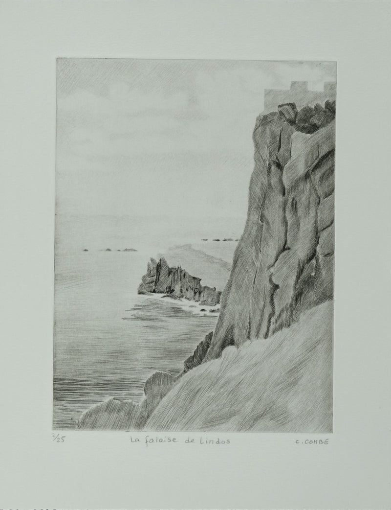 Camille COMBE : Grèce, La falaise de Lindos, Gravure originale signée