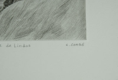 Camille COMBE : Grèce, La falaise de Lindos, Gravure originale signée