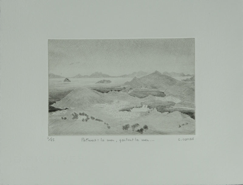 Camille COMBE : Patmos, la mer partout la mer, Gravure originale signée