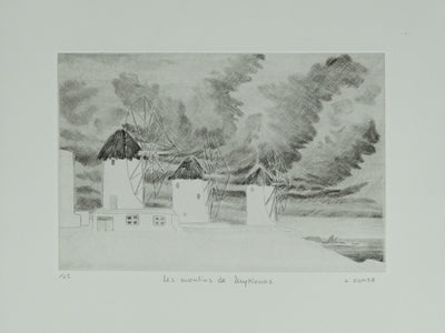Camille COMBE : Les moulins de Mykonos, Gravure originale signée