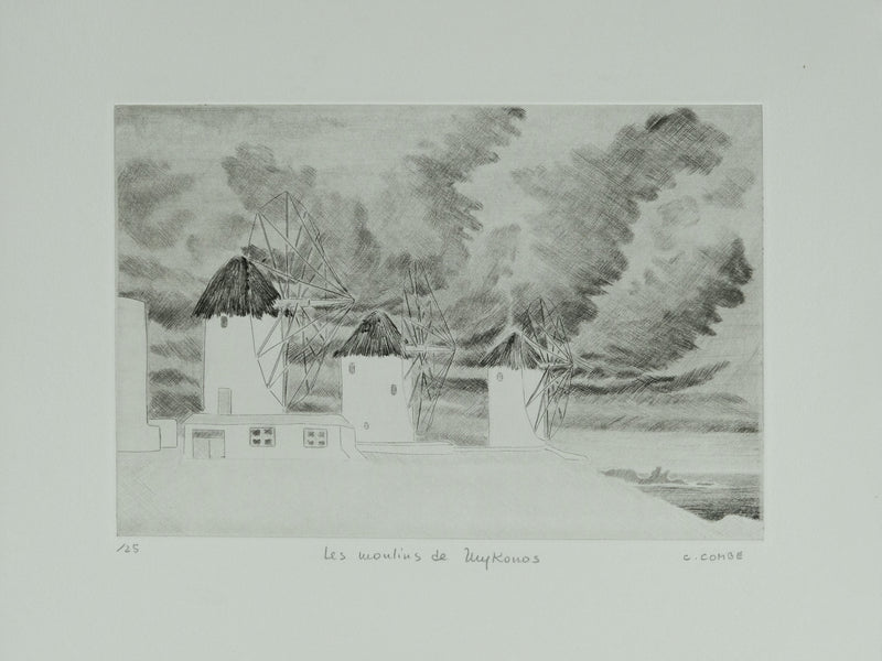 Camille COMBE : Les moulins de Mykonos, Gravure originale signée