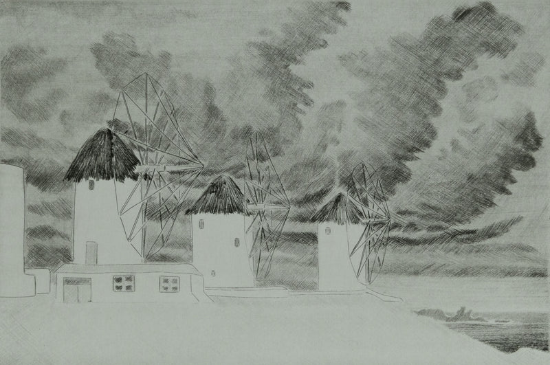 Camille COMBE : Les moulins de Mykonos, Gravure originale signée