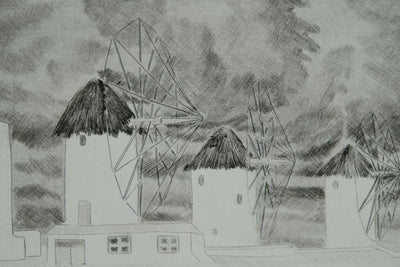 Camille COMBE : Les moulins de Mykonos, Gravure originale signée