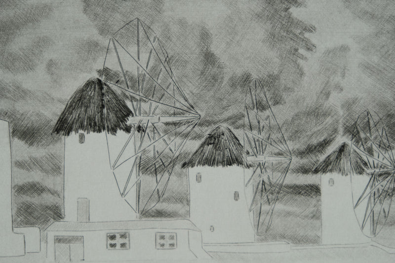 Camille COMBE : Les moulins de Mykonos, Gravure originale signée