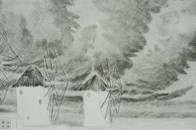 Camille COMBE : Les moulins de Mykonos, Gravure originale signée
