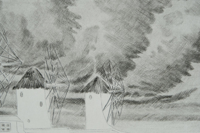 Camille COMBE : Les moulins de Mykonos, Gravure originale signée