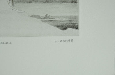 Camille COMBE : Les moulins de Mykonos, Gravure originale signée