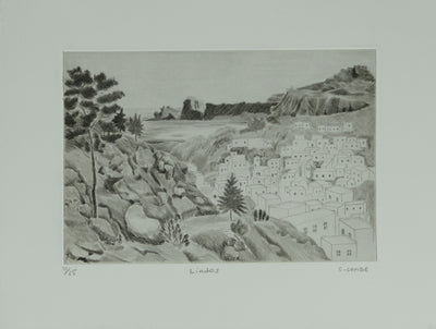 Camille COMBE : Vue en hauteur sur Lindos, Gravure originale signée