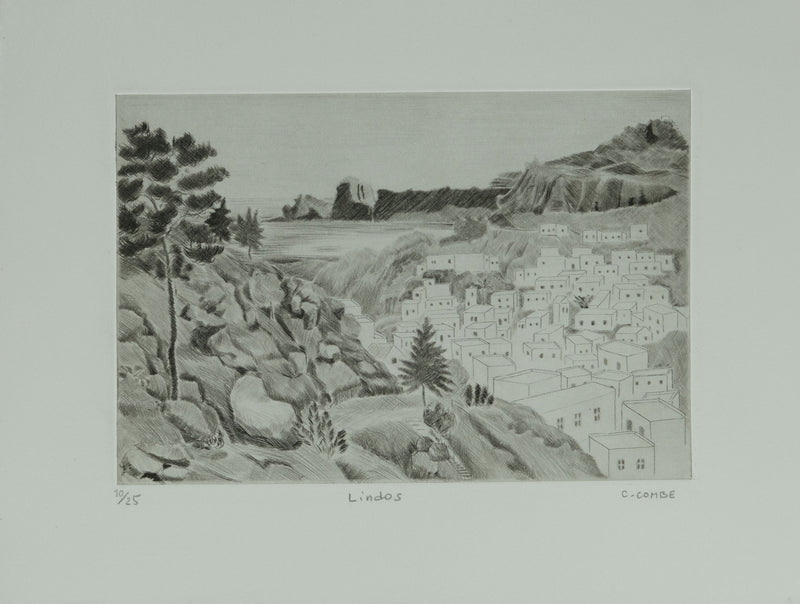 Camille COMBE : Vue en hauteur sur Lindos, Gravure originale signée