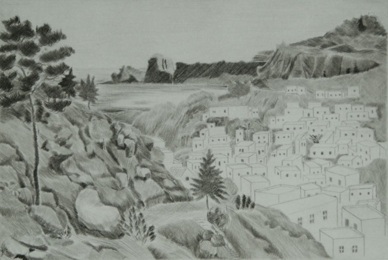 Camille COMBE : Vue en hauteur sur Lindos, Gravure originale signée