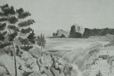 Camille COMBE : Vue en hauteur sur Lindos, Gravure originale signée
