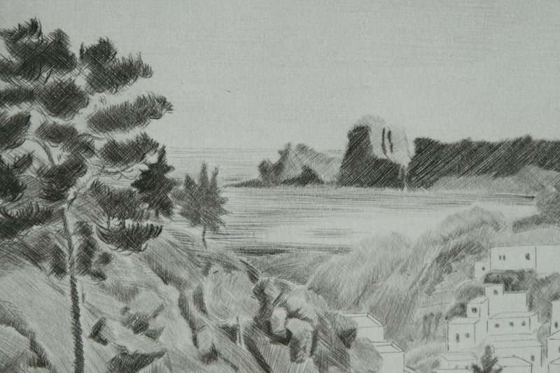 Camille COMBE : Vue en hauteur sur Lindos, Gravure originale signée