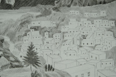 Camille COMBE : Vue en hauteur sur Lindos, Gravure originale signée