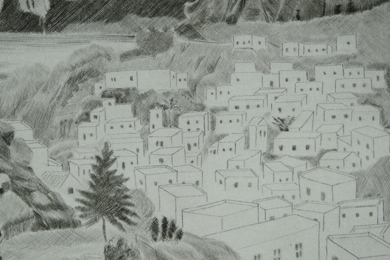 Camille COMBE : Vue en hauteur sur Lindos, Gravure originale signée