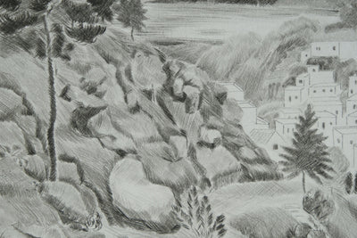 Camille COMBE : Vue en hauteur sur Lindos, Gravure originale signée