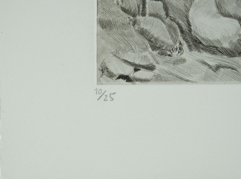 Camille COMBE : Vue en hauteur sur Lindos, Gravure originale signée