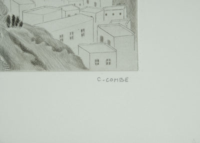 Camille COMBE : Vue en hauteur sur Lindos, Gravure originale signée