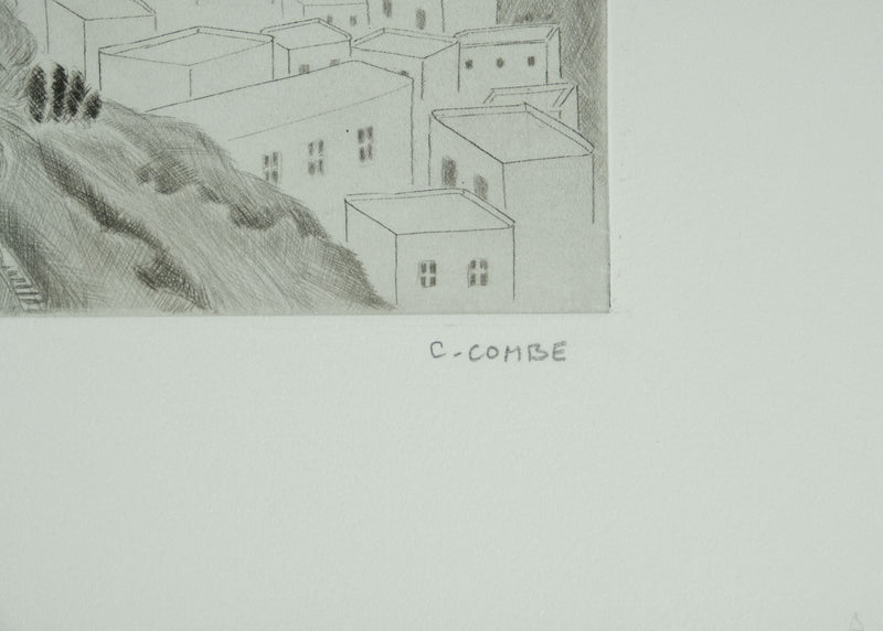 Camille COMBE : Vue en hauteur sur Lindos, Gravure originale signée