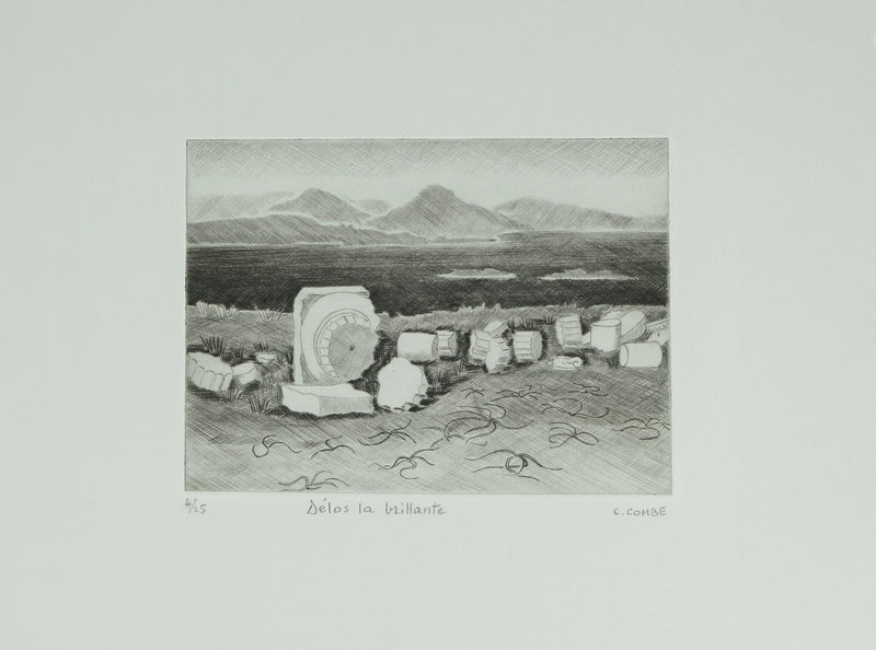 Camille COMBE : Grèce, Délos la brillante, Gravure originale signée