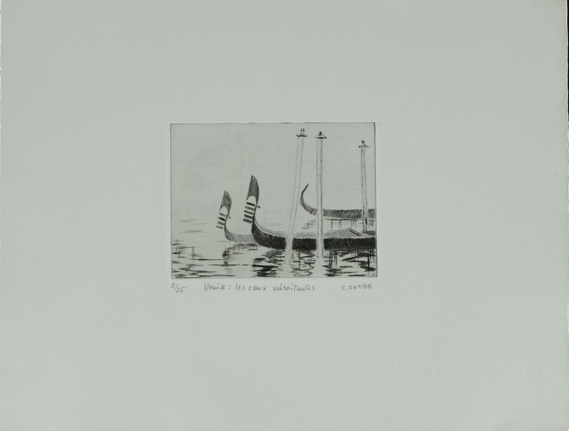 Camille COMBE : Venise, les eaux miroitantes, Gravure originale signée