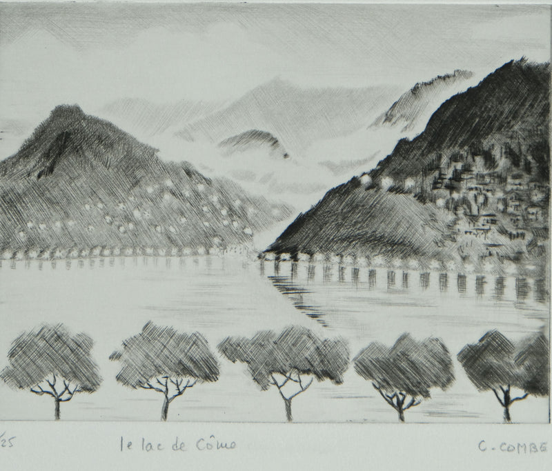 Camille COMBE : Le lac de Côme, Gravure originale signée