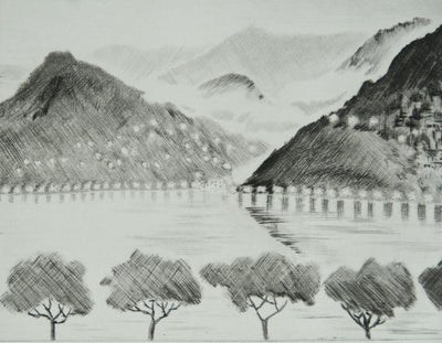 Camille COMBE : Le lac de Côme, Gravure originale signée