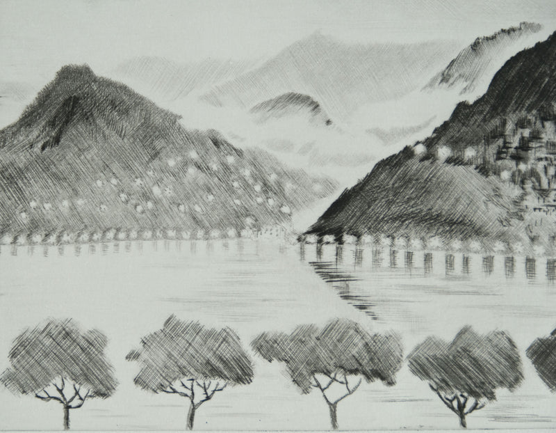 Camille COMBE : Le lac de Côme, Gravure originale signée