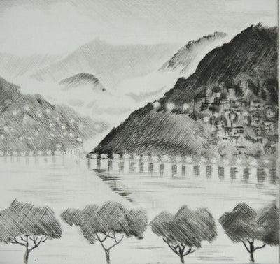 Camille COMBE : Le lac de Côme, Gravure originale signée