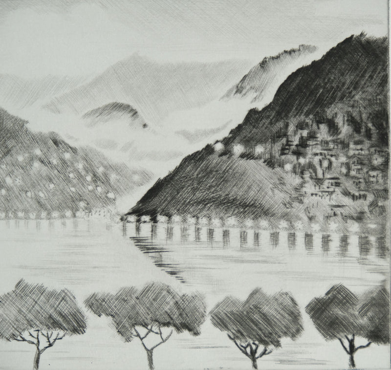 Camille COMBE : Le lac de Côme, Gravure originale signée