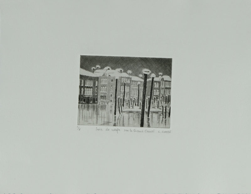 Camille COMBE : Soir de neige sur le Grand Canal, Gravure originale signée
