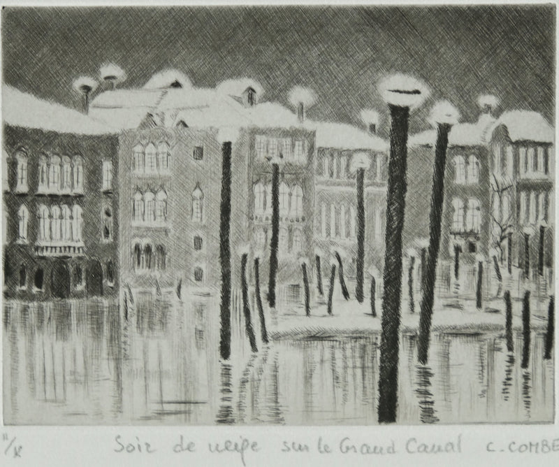 Camille COMBE : Soir de neige sur le Grand Canal, Gravure originale signée